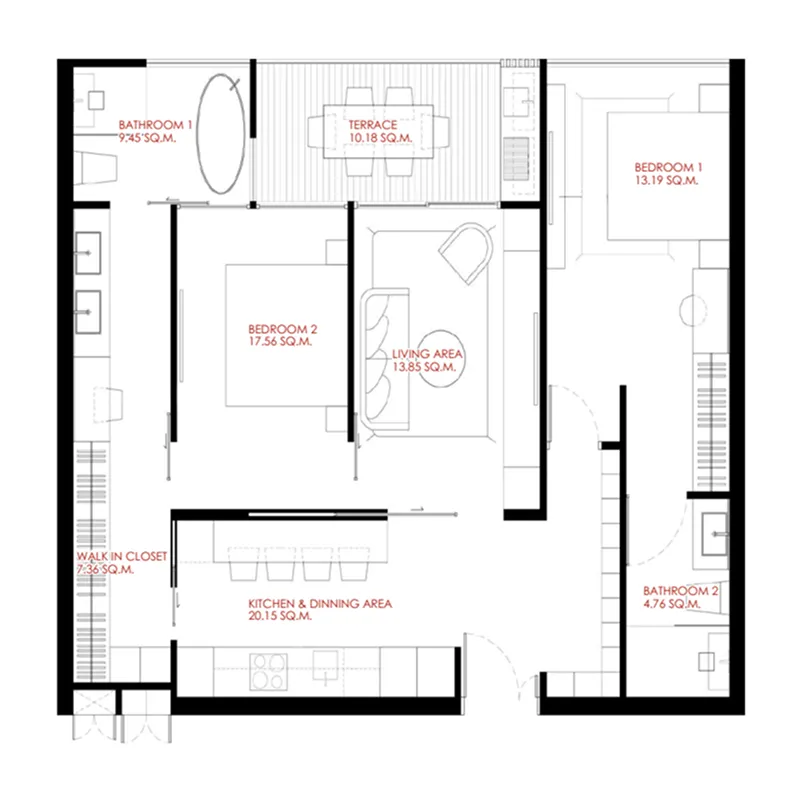 The Liberty by Wallaya Villas 2 bed floor plan, 1,033 sqft