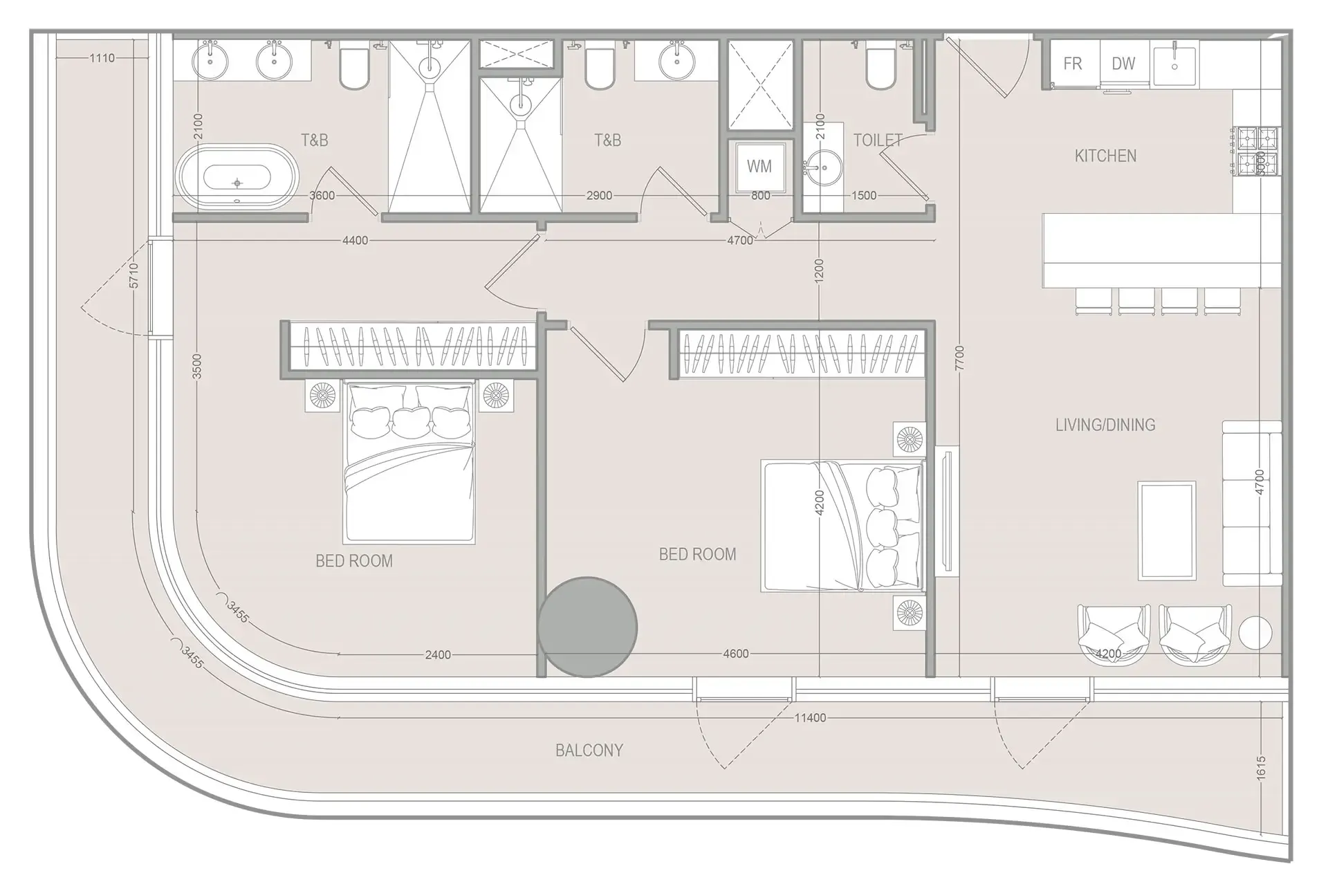 A1LA Residence 2 bed floor plan, 1,443 – 1,497 sqft