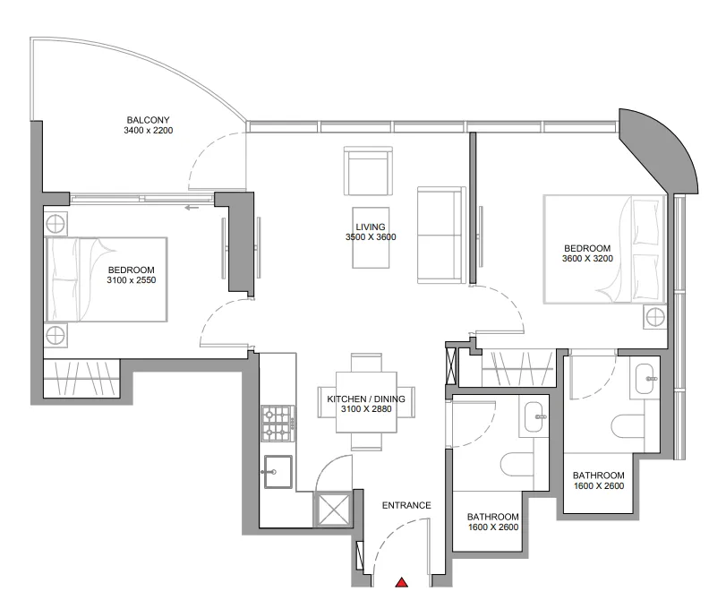 Sobha Aquamont 2 bed floor plan, 728 sqft