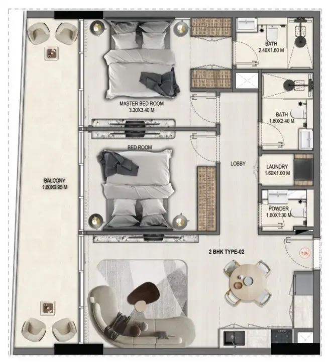 Divine Elements 2 bed floor plan, 1,037 sqft