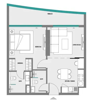Samana Greenfield 2 1 bed floor plan, 577 sqft