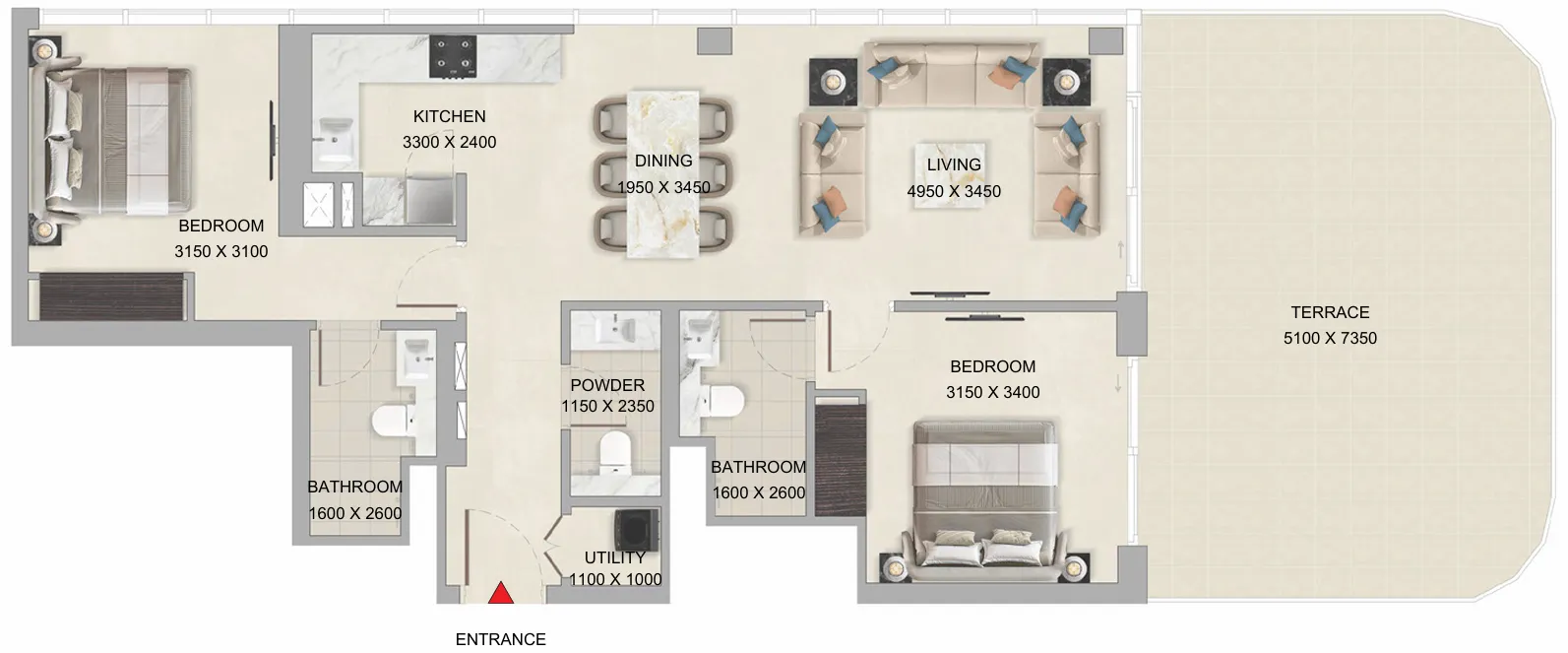 Tranquil Beach Residences 2 bed floor plan, 1,356 – 1,443 sqft