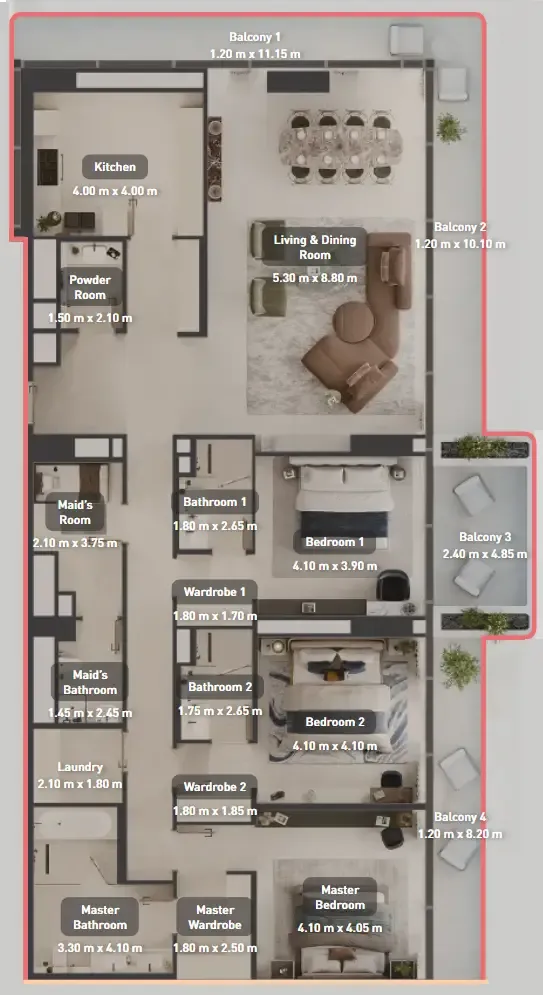 Luluat Marina at Luluat Al Raha 3 bed floor plan, 2,661 sqft