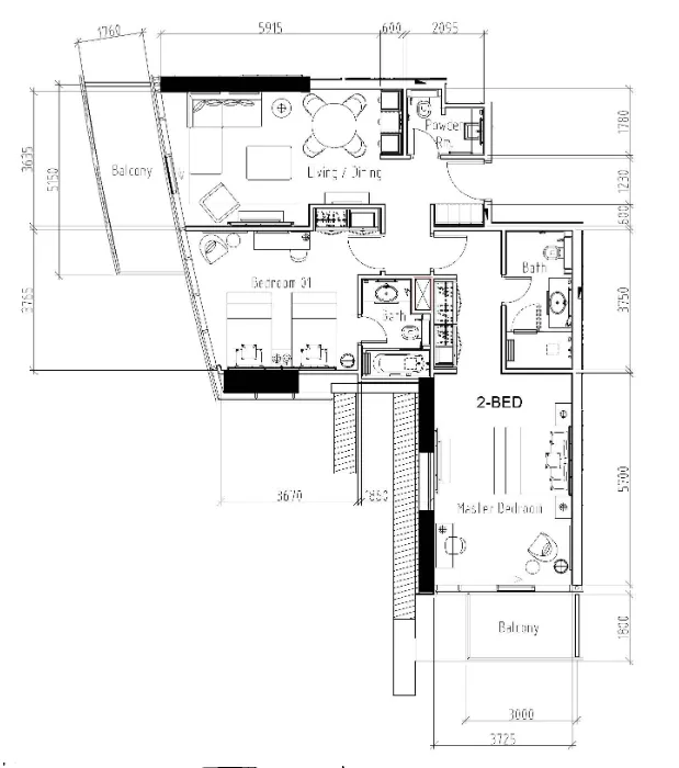 Damac Hills - Radisson Dubai 2 bed floor plan, 1,235 sqft