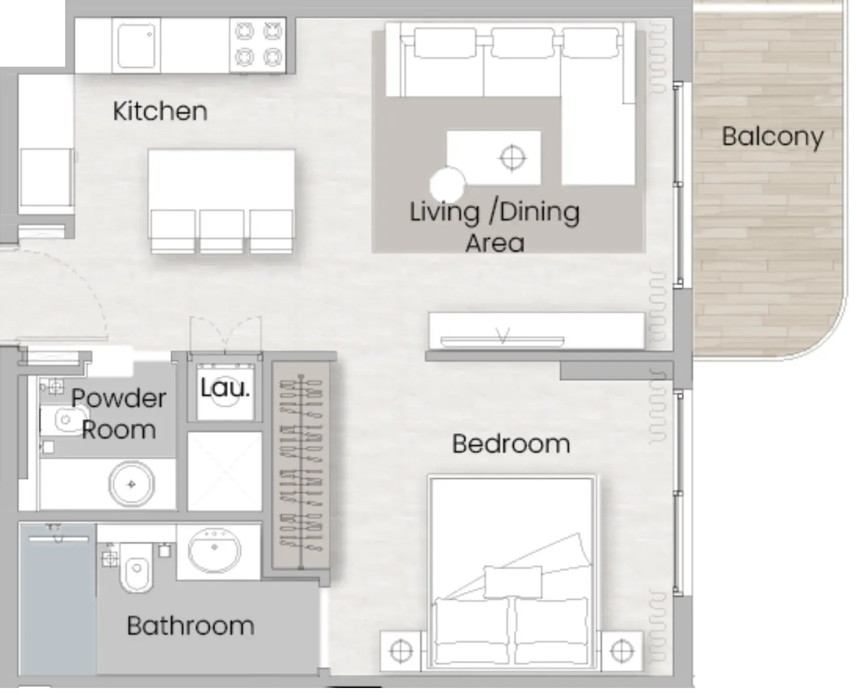 One Beverly 1 bed floor plan, 607 sqft