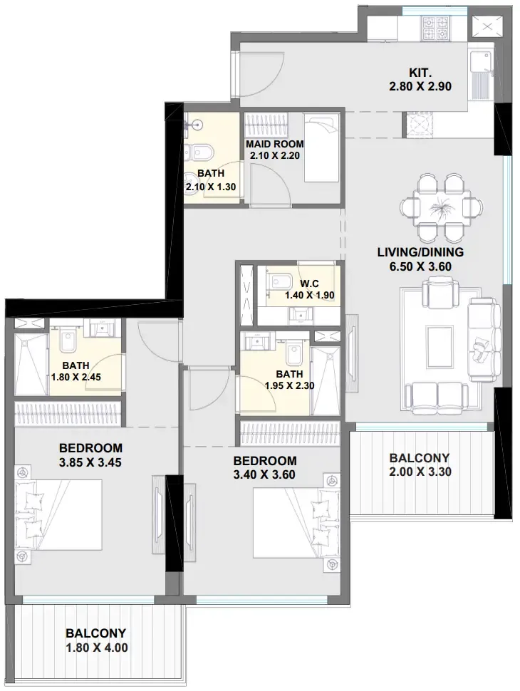 Ayaan Heights 1 2 bed floor plan, 1,296 sqft