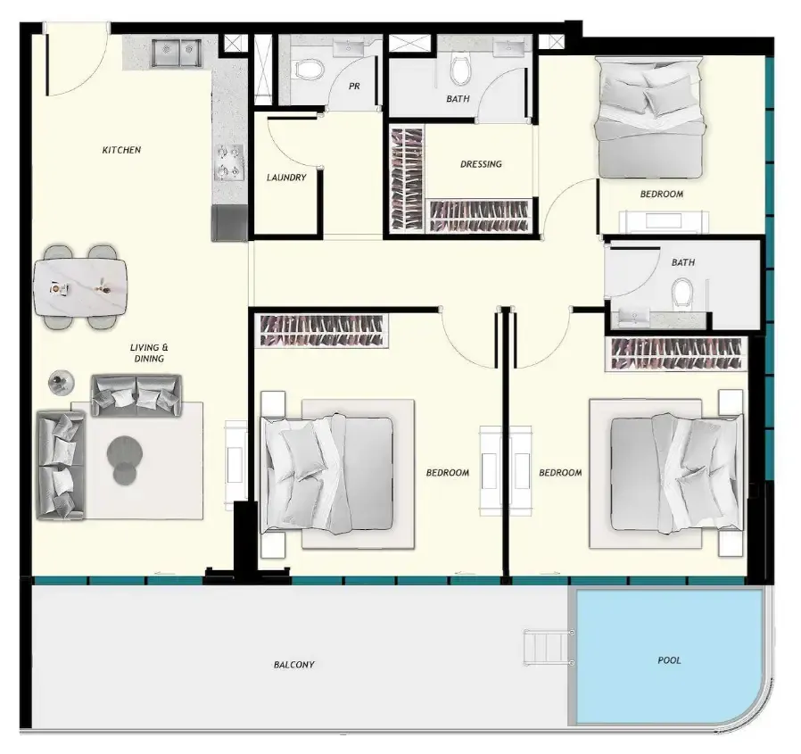 Samana Ibiza 3 bed floor plan, 1,543 sqft