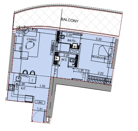 Binghatti Aquarise 1 bed floor plan, 881 sqft