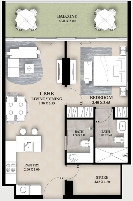 Ventana Residences 1 bed floor plan, 760 – 1,560 sqft