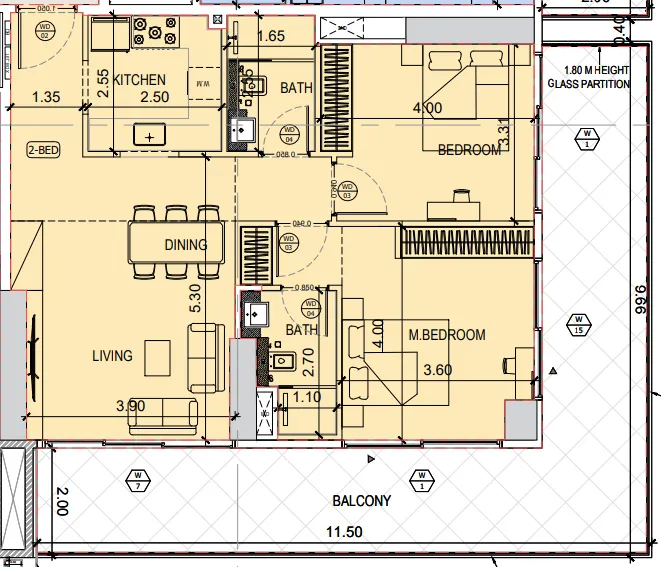 Binghatti Amberhall 2 bed floor plan, 1,264 sqft