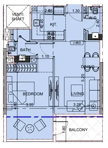 Binghatti Cullinan 1 bed floor plan, 702 sqft