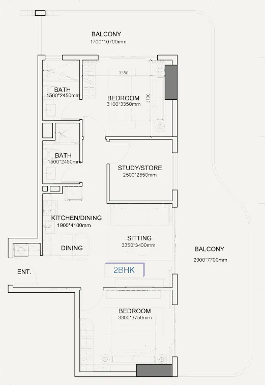 Listone Residence 2 bed floor plan, 1,181 – 1,182 sqft
