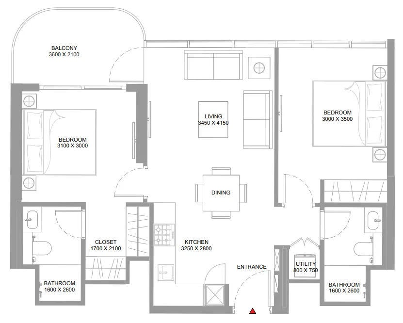 Pierside Marina Residences 2 bed floor plan, 808 sqft