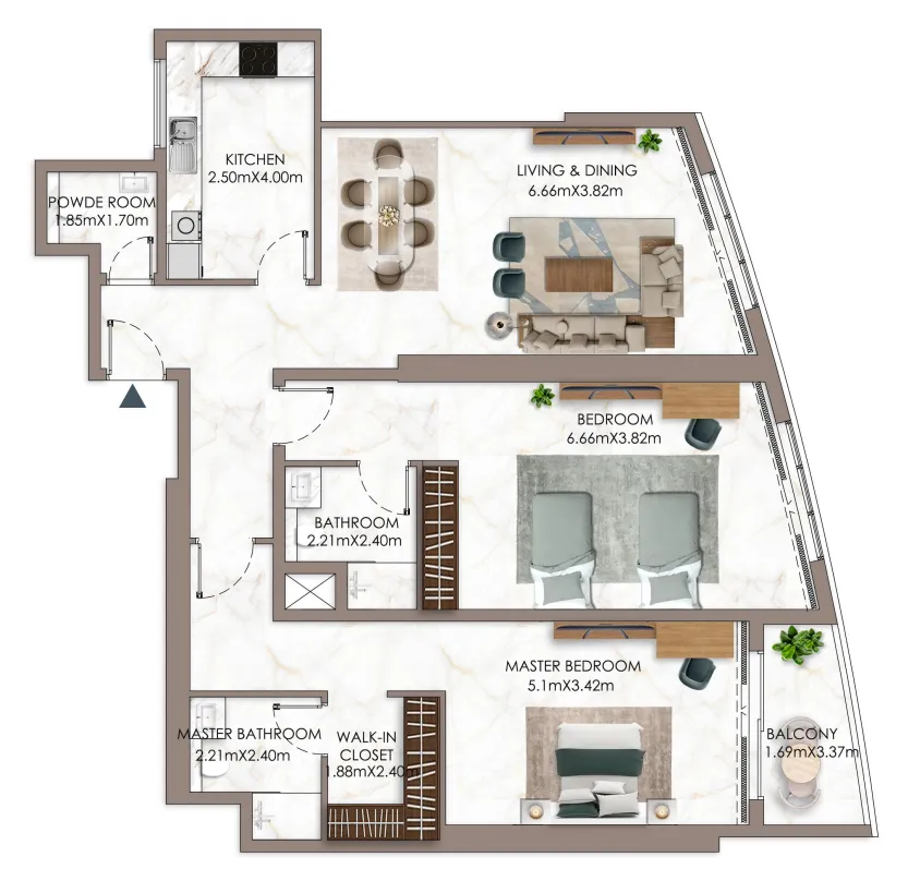 Ajman Pearl Tower 2 bed floor plan, 1,996 sqft