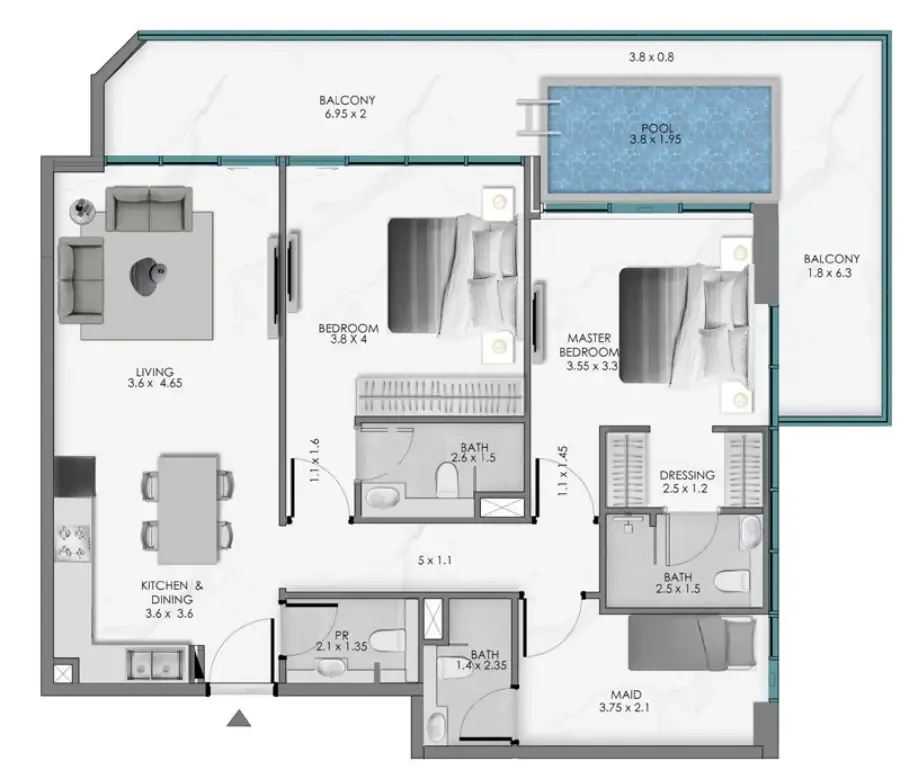 Samana Ocean Bay 2 bed floor plan, 1,450 sqft