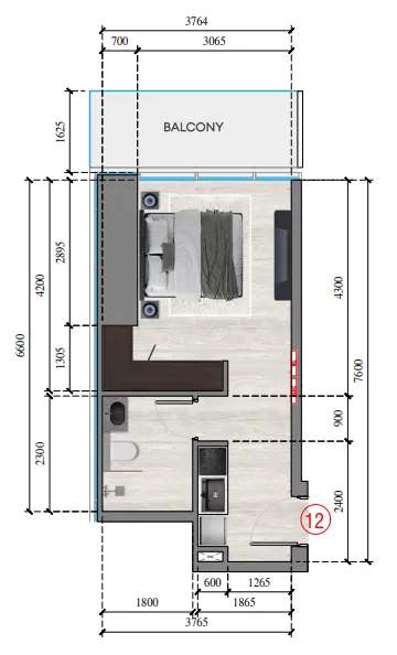 Auresta Tower Studio floor plan, 371 sqft