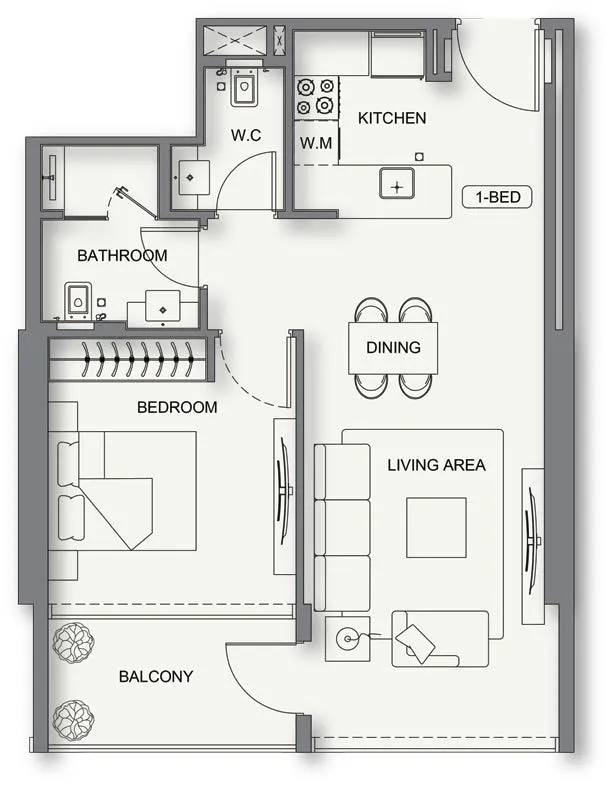 Binghatti Cullinan 1 bed floor plan, 693 sqft