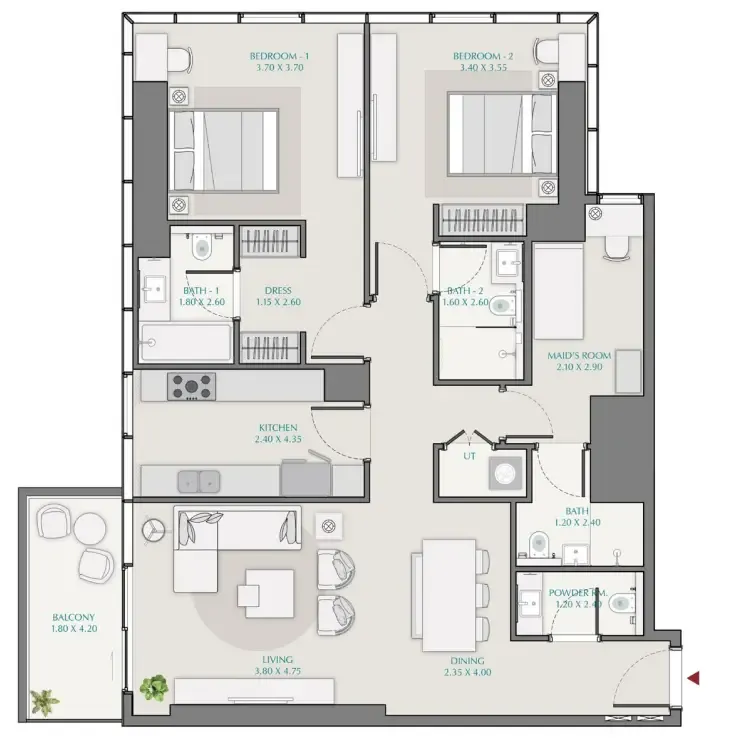 Avenue Park Towers 1 at Wasl 1 2 bed floor plan, 1,430 sqft