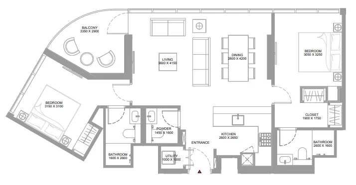 Canalside Marina Residences 2 bed floor plan, 1,021 sqft