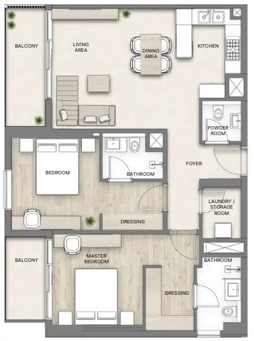 Al Hamra Greens 2 bed floor plan, 1,140 – 1,168 sqft