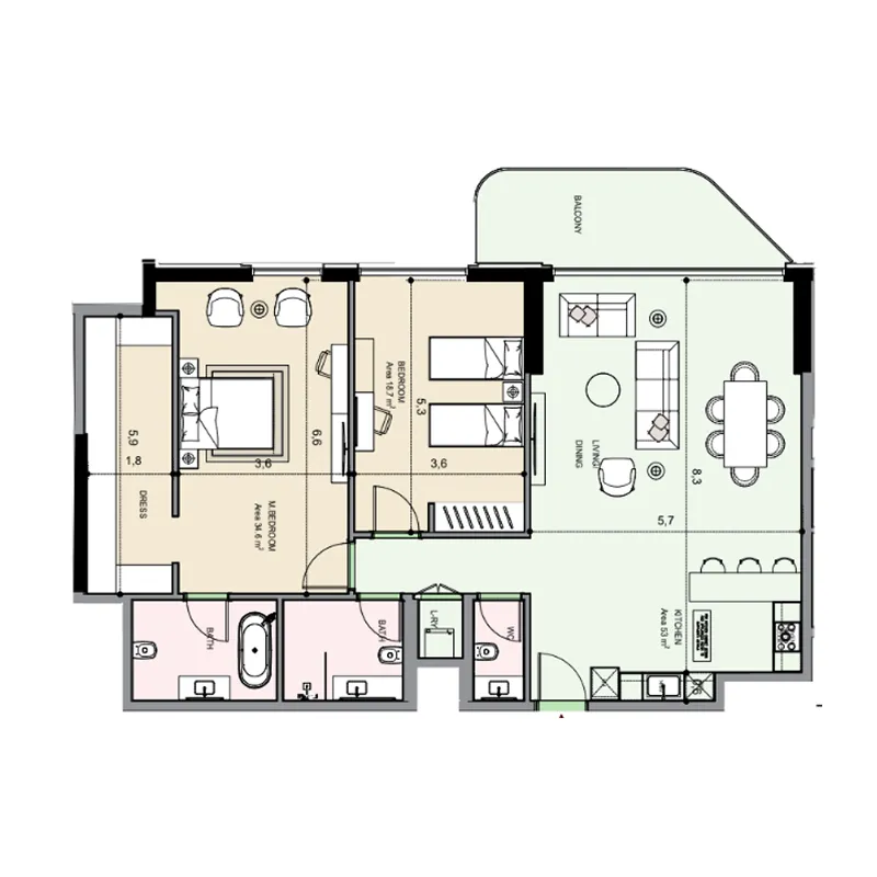 Edgewater Residences 1, 2 and 3 2 bed floor plan, 1,603 sqft