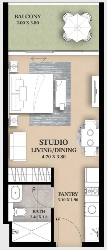 Ventana Residences Studio floor plan, 428 – 467 sqft
