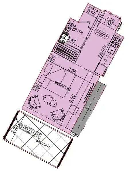Binghatti Flare Studio floor plan, 384 sqft