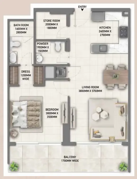 Blossom 40 1 bed floor plan, 864 sqft