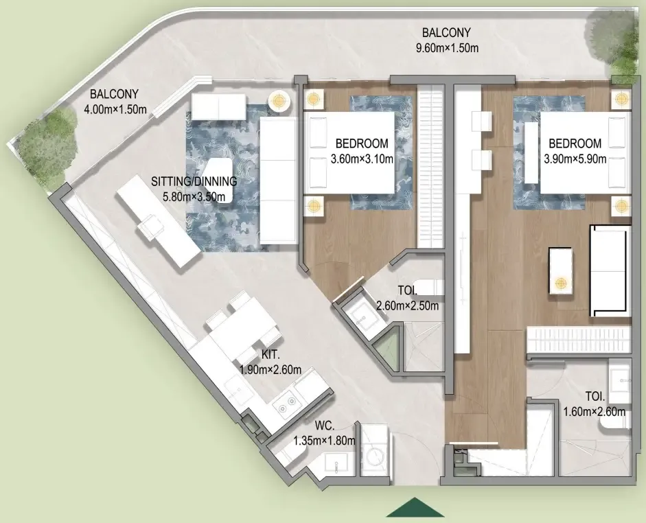 Oasis Residences 2 bed floor plan, 1,184 sqft