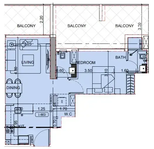 Binghatti Cullinan 1 bed floor plan, 875 sqft