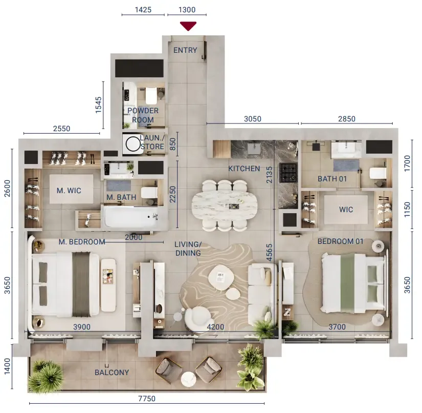 Mirdad 2 bed floor plan, 1,130 sqft