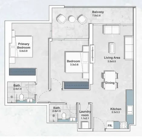 Iraz Creek Views 2 bed floor plan, 1,061 – 1,308 sqft