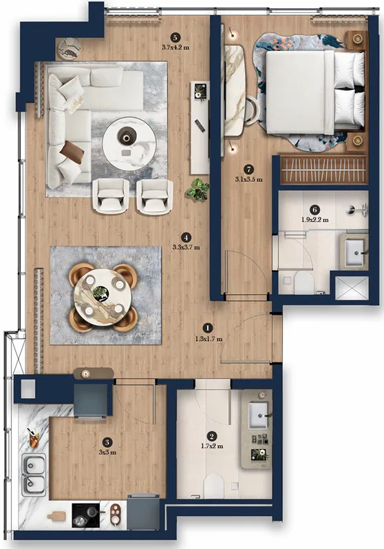 Hilton Residences Dubai JLT 1 bed floor plan, 659 sqft