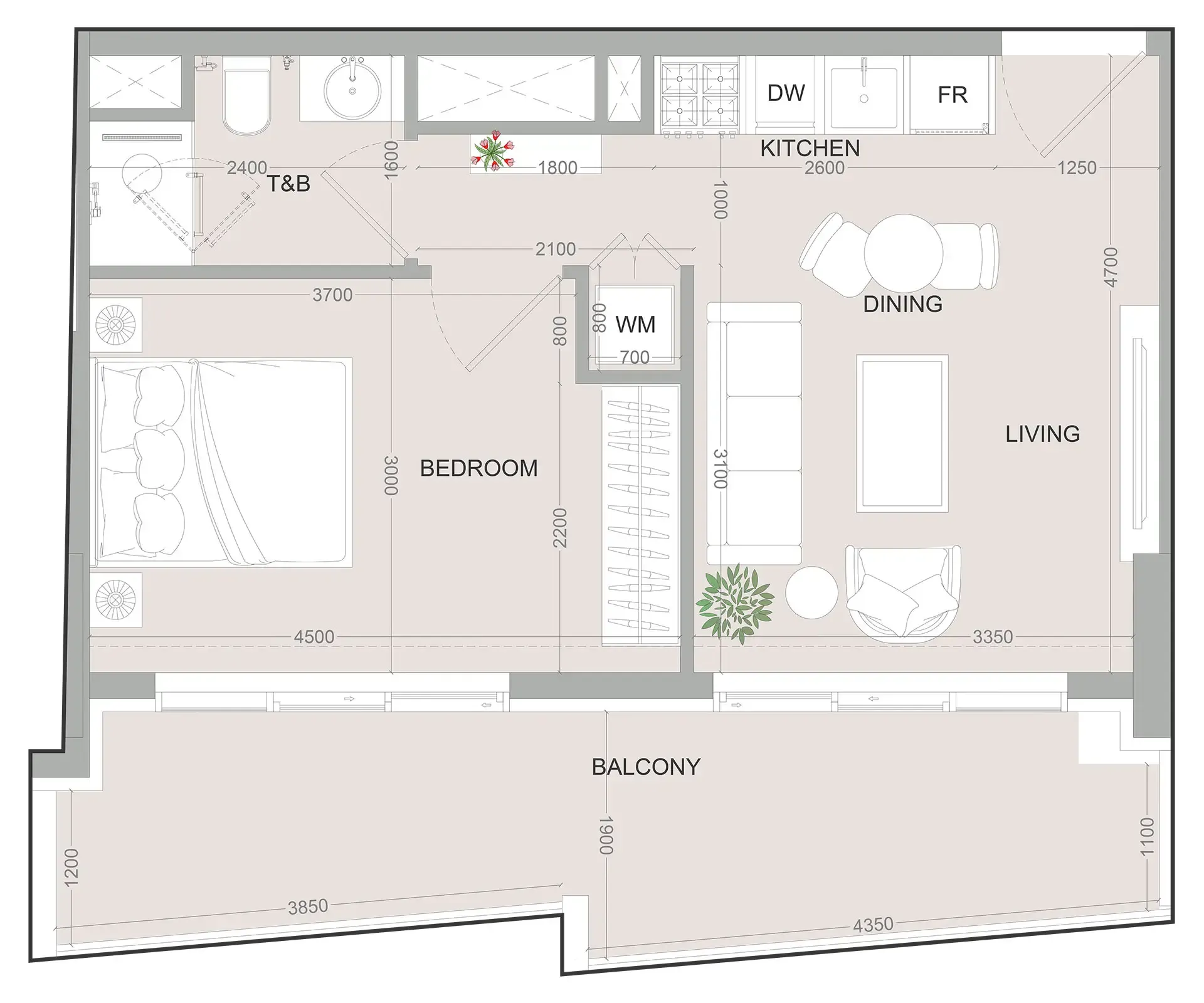 SKY LEVEL 1 1 bed floor plan, 595 – 596 sqft