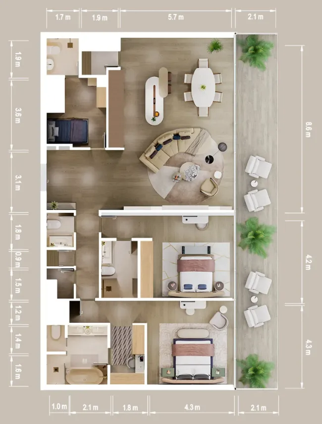Mandarin Oriental Residences 2 bed floor plan, 2,201 sqft