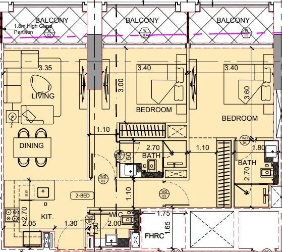 Binghatti Twilight 2 bed floor plan, 1,057 sqft