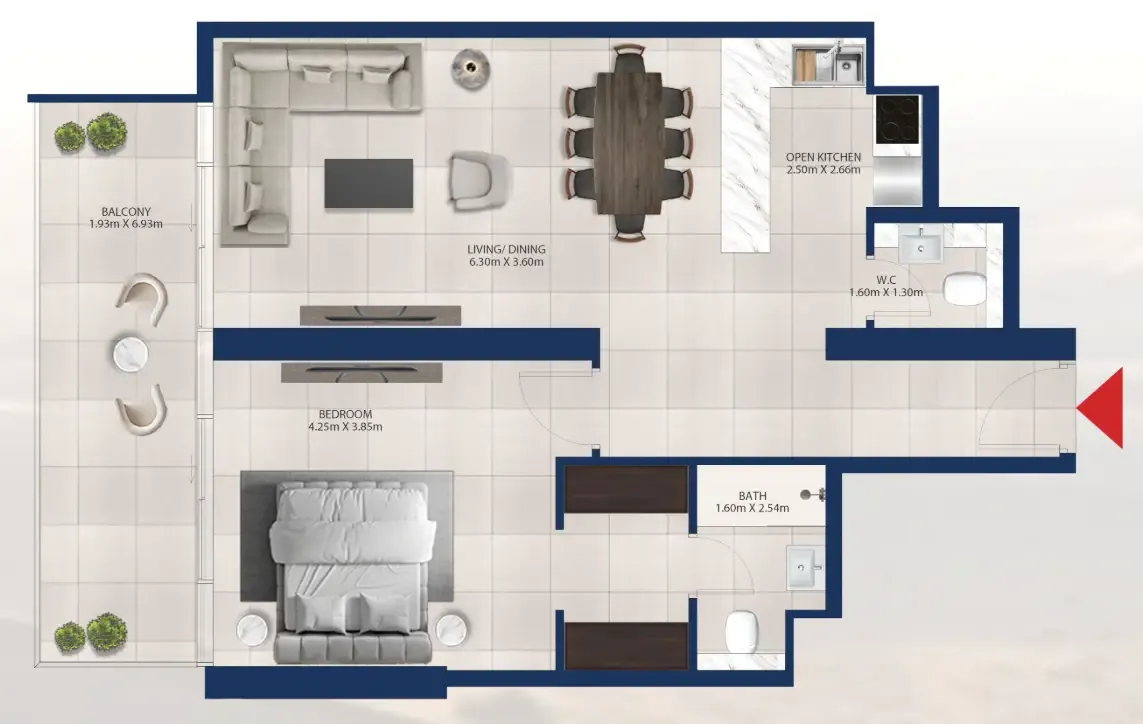Al Vista 1 bed floor plan, 938 sqft