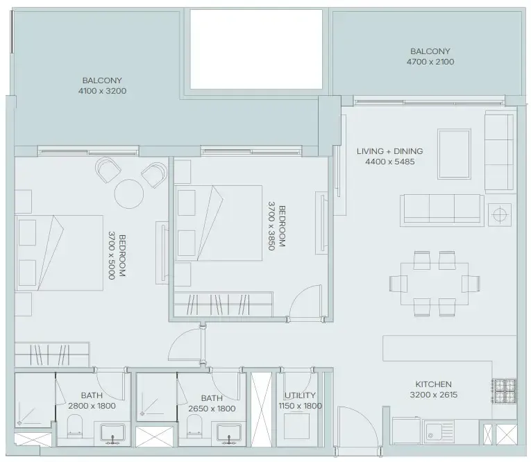 The Haven 3 2 bed floor plan, 1,276 – 1,279 sqft