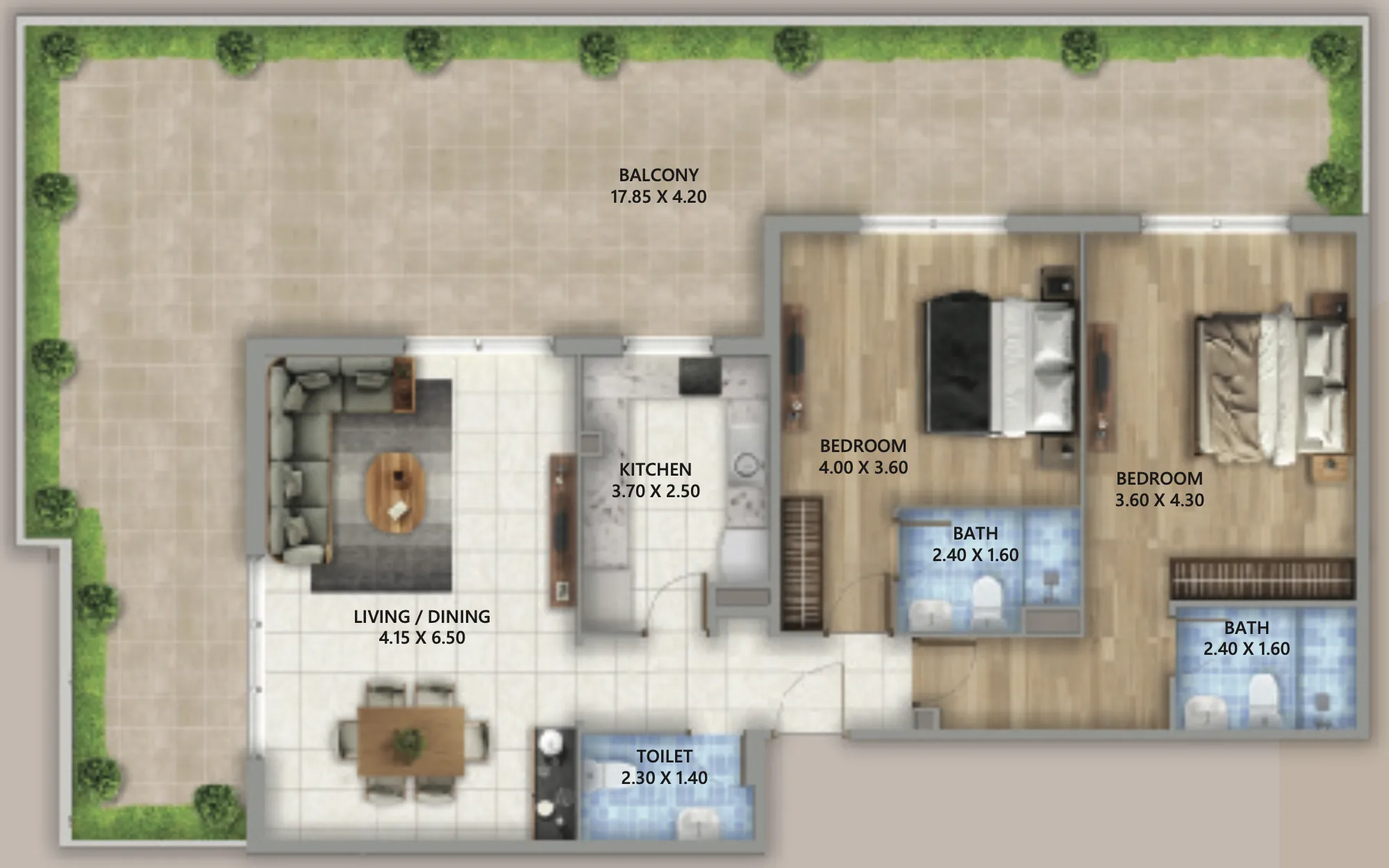Linden Residences 2 bed floor plan, 2,000 sqft