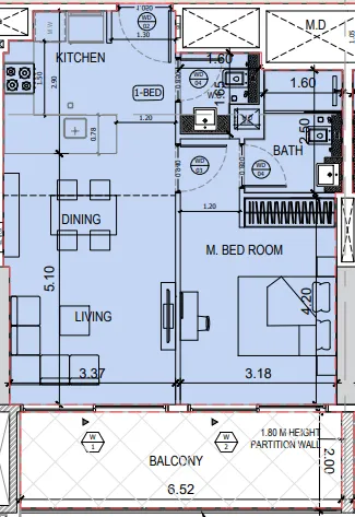 Binghatti Amberhall 1 bed floor plan, 724 sqft