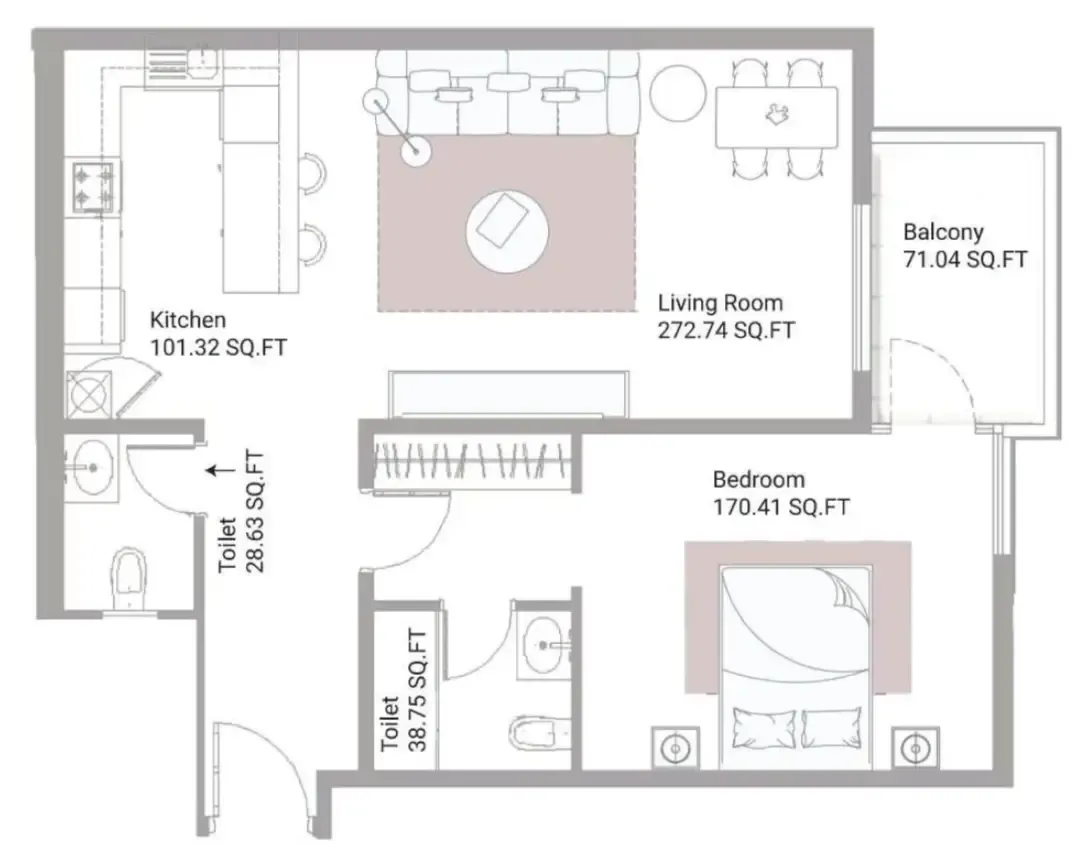 Ajman Creek Towers 1 bed floor plan, 1,104 – 1,128 sqft