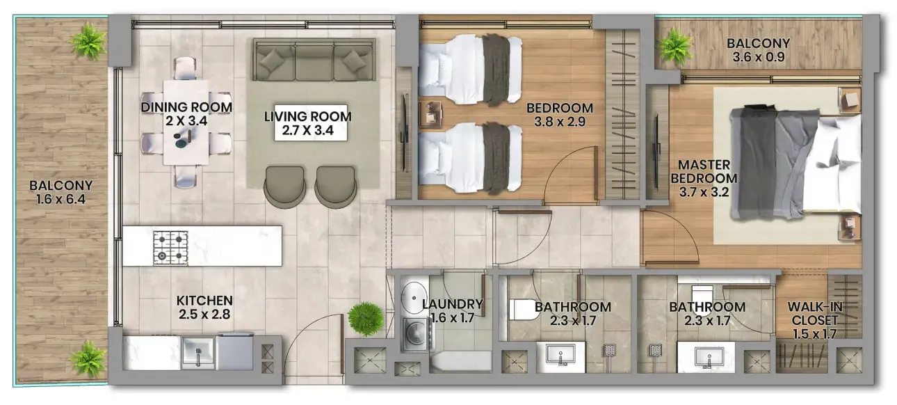 Elemental 22 2 bed floor plan, 988 sqft