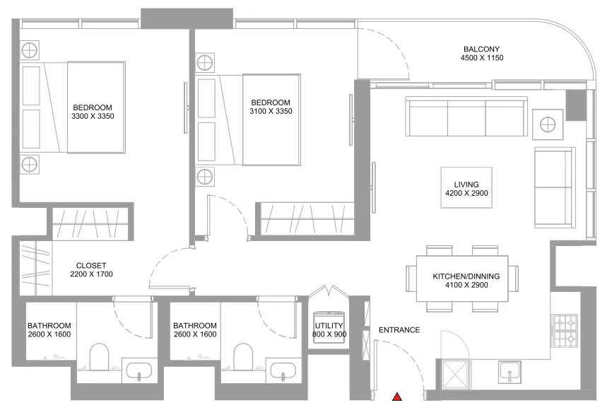 Starline Beach Residences 2 bed floor plan, 864 sqft