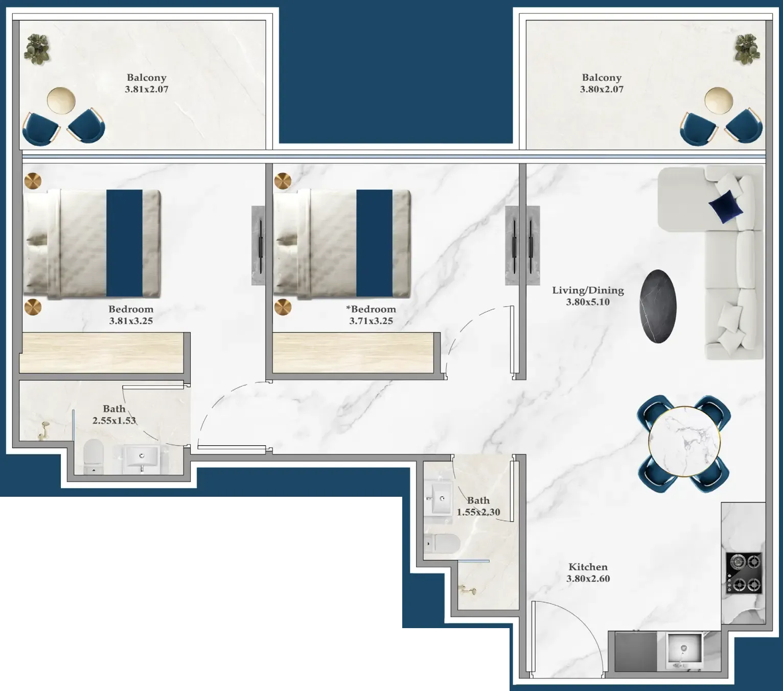 Serenz 2 bed floor plan, 858 sqft