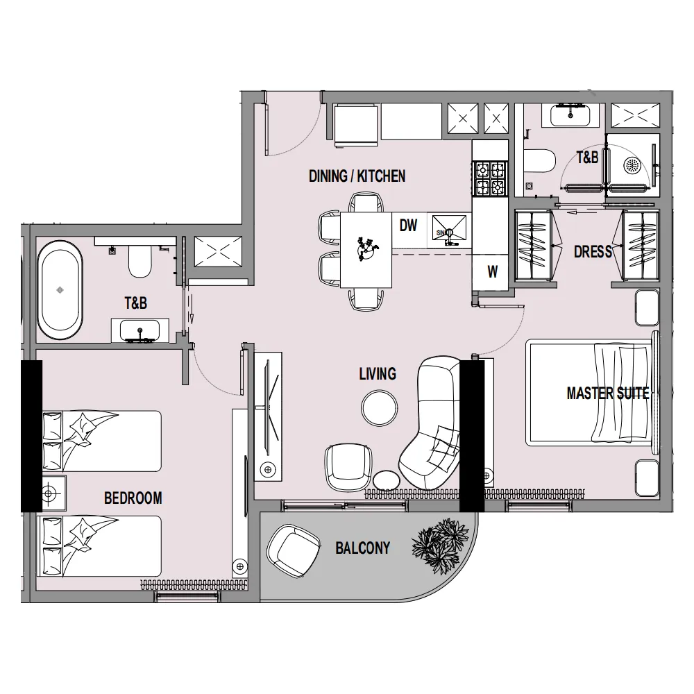 Verso 2 bed floor plan, 783 sqft