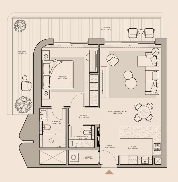 Nourelle 1 bed floor plan, 1,043 sqft