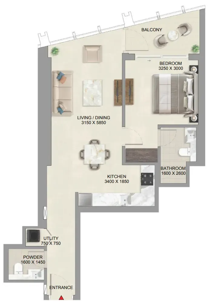 The Mirage at Sobha Central 1 bed floor plan, 782 sqft