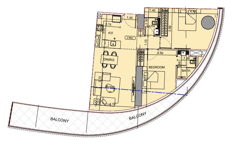 Binghatti Aquarise 2 bed floor plan, 1,301 sqft