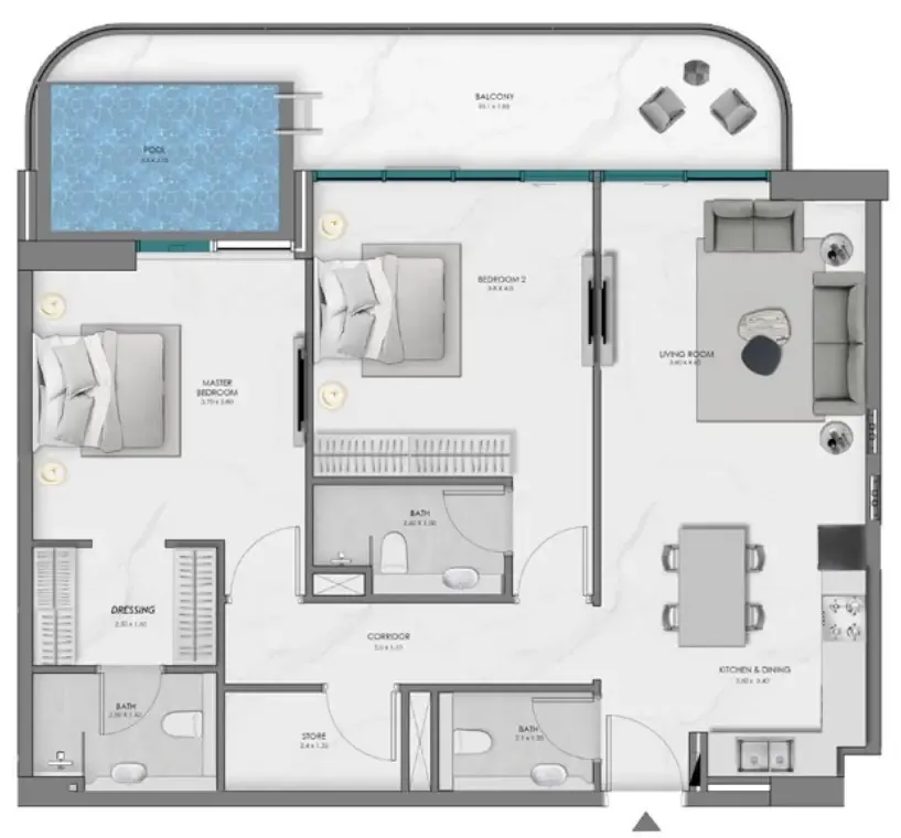 Samana Ocean Bay 2 bed floor plan, 1,241 sqft