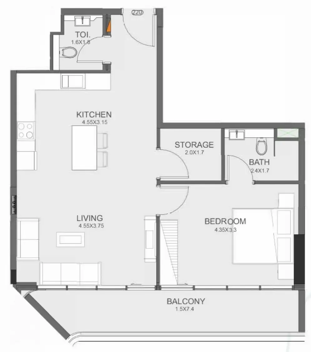 Floarea Oasis 1 bed floor plan, 856 sqft